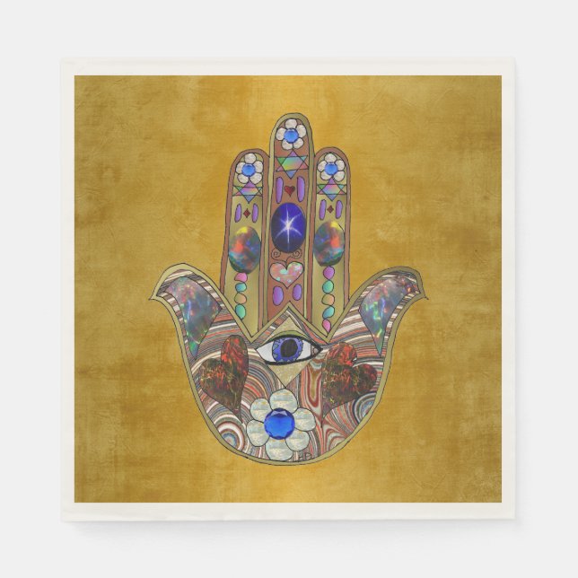 Hamsa Hjärtan Blommor Opal Konst på Guld Pappersservett (Framsidan)