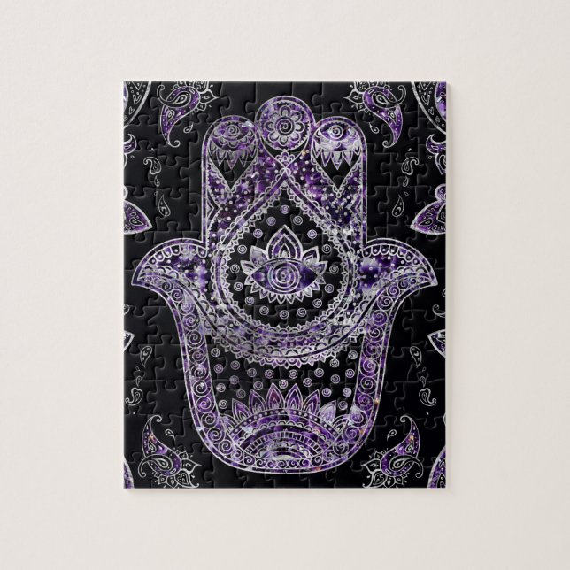 Hamsa räcker - silver och amethysten pussel (Vertikal)