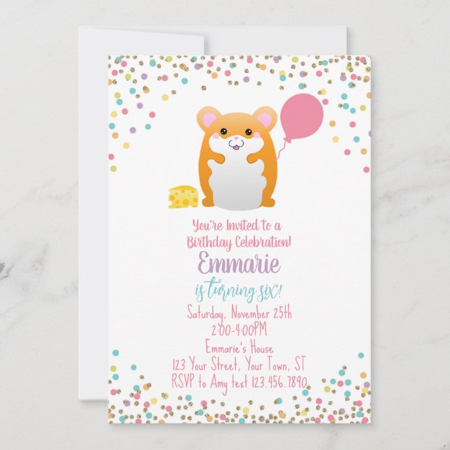 Hamster Födelsedagsfest inbjudan Confetti Glitter (Framsida)