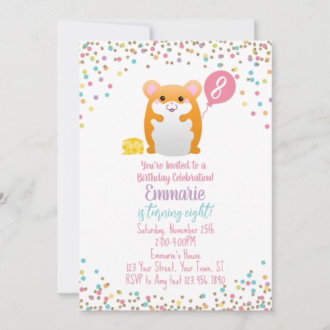 Hamster Födelsedagsfest inbjudan Confetti Glitter (Framsida)