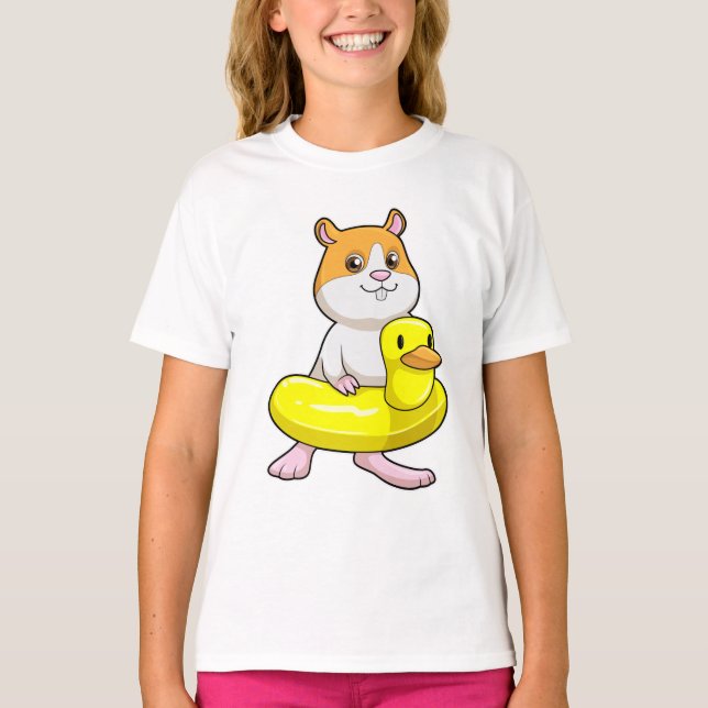 Hamster i Beach med Anka som Simma ring T Shirt (Framsida)