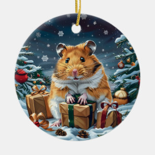 Hamster med julklapp julgransprydnad keramik