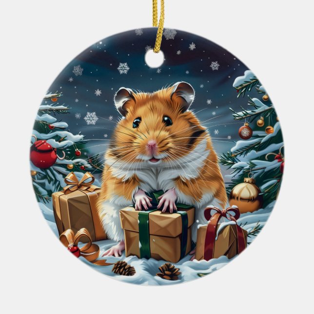 Hamster med julklapp julgransprydnad keramik (Framsidan)