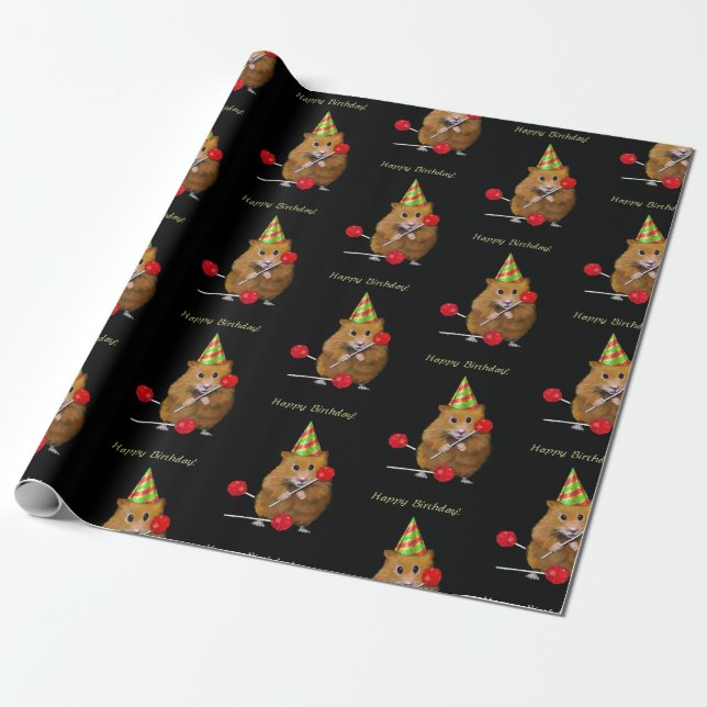 Hamster med Party Hat och Lollipops på Black Presentpapper (Utrullad)