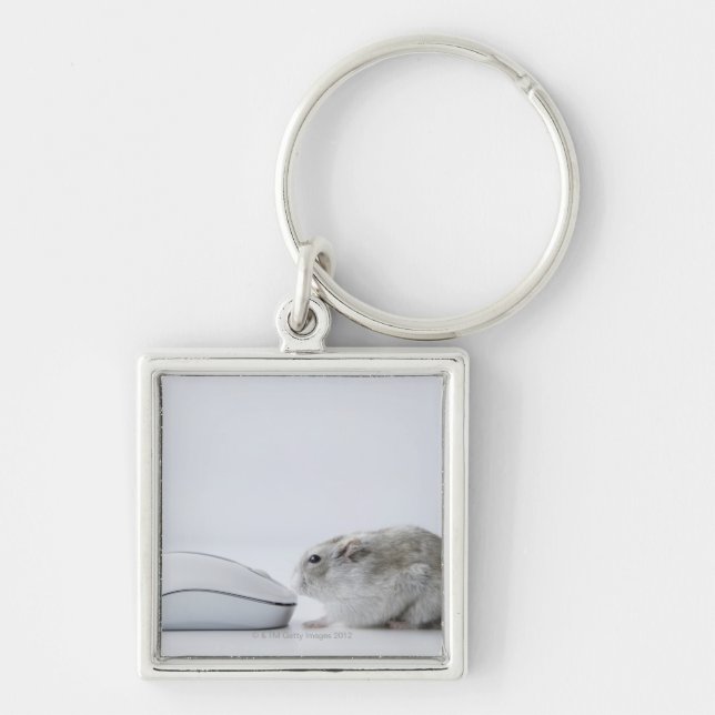 Hamster- och datormus fyrkantig silverfärgad nyckelring (Framsidan)