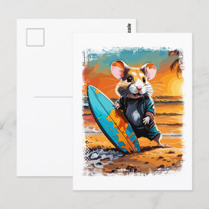 Hamster Surfing Cute Colorful Tecknad Illustration Vykort