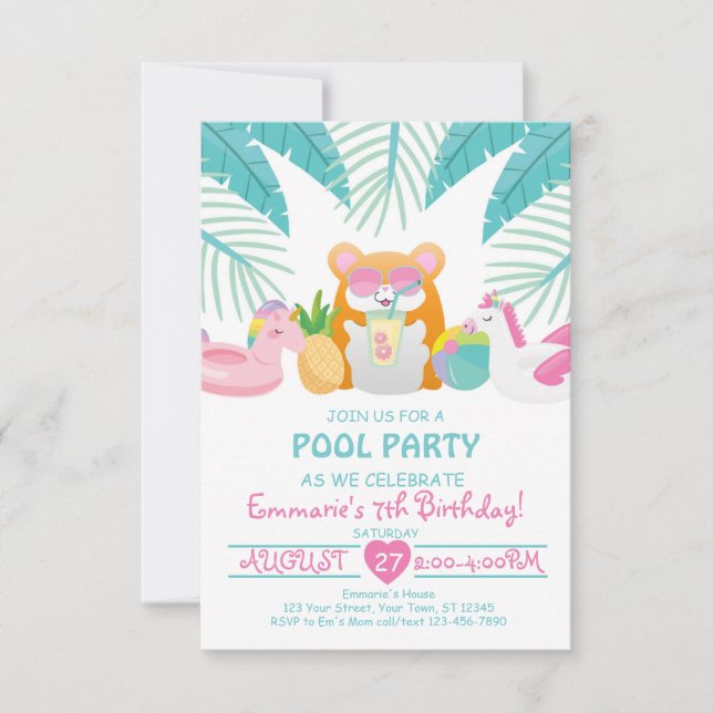 Hamster Tropical Pool Party Invitation Inbjudningar (Framsida)