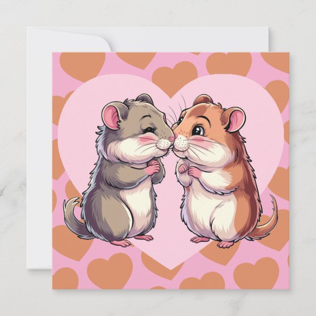 Hamsters Kissing Valentine Day Hearts Kärlek Card Julkort (Framsida)