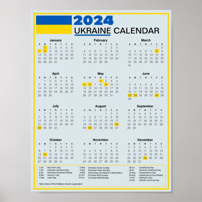 Hämta 2024 ukrainsk kalender med Helgdagar Poster (Framsidan)