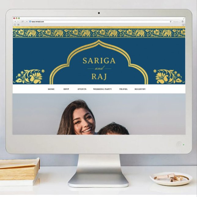 Hämta digitalfil för Bröllop Webben Site Banner Di Poster (indian wedding web site banner, hindu wedding web site design, elephant lotus flower gold and blue)