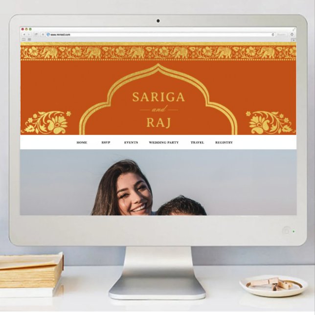 Hämta digitalfil för Bröllop Webben Site Banner Di Poster (indian wedding web site banner, hindu wedding web site design, elephant lotus flower gold and orange)