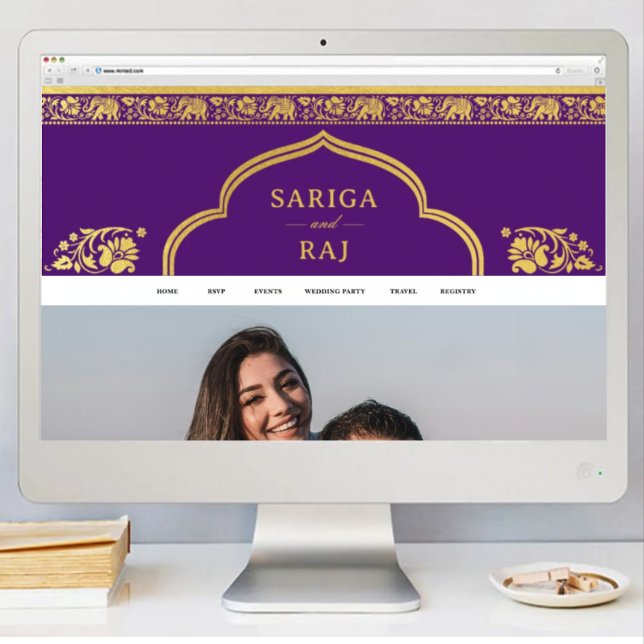 Hämta digitalfil för Bröllop Webben Site Banner Di Poster (indian wedding web site banner, hindu wedding web site design, elephant lotus flower gold and purple)