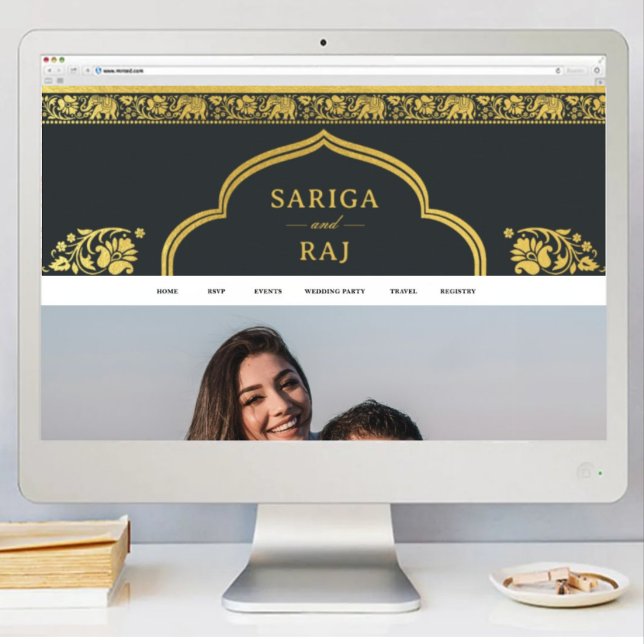 Hämta digitalfil för Bröllop Webben Site Banner Di Poster (indian wedding web site banner, hindu wedding web site design, elephant lotus flower gold and black)