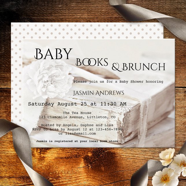 Hämta en inbjudan till en Bok-babydusch (Romantic book theme baby shower invitation in warm off-white colors with a book and peony flower)