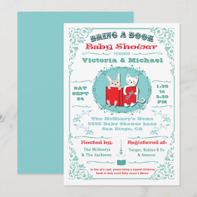 Hämta inbjudningar till bok bibliotek Baby Shower (Fram/baksida)