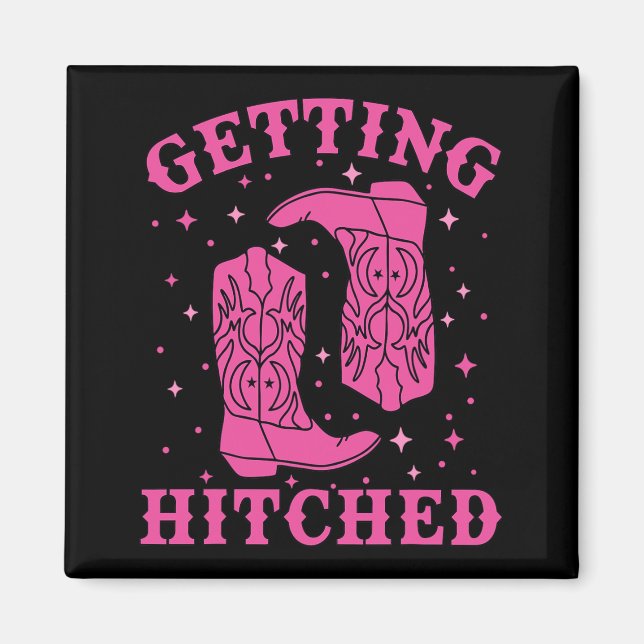 Hämtar Hitched Bride Groom Western Bröllop Bachel Magnet (Framsidan)