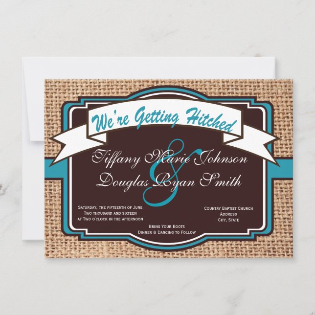 Hämtar hitched Burlap Teal Wedding-inbjudningar Inbjudningar (Framsida)