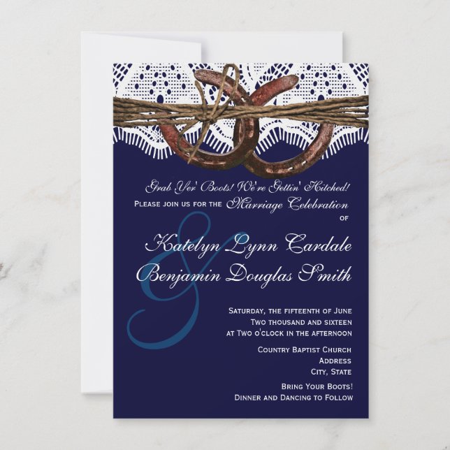 Hämtar hitched Navy Horseshoe Wedding-inbjudningar Inbjudningar (Framsida)