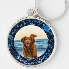 Hämtar Hund Photo Keepie Keychain för Blommigt Rund Silverfärgad Nyckelring