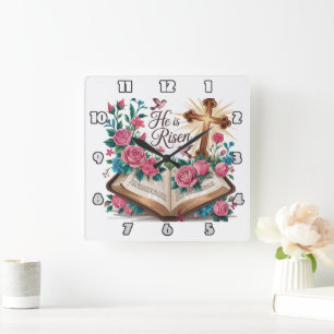 Han är Blommigt Bible Fyrkantig Klocka
