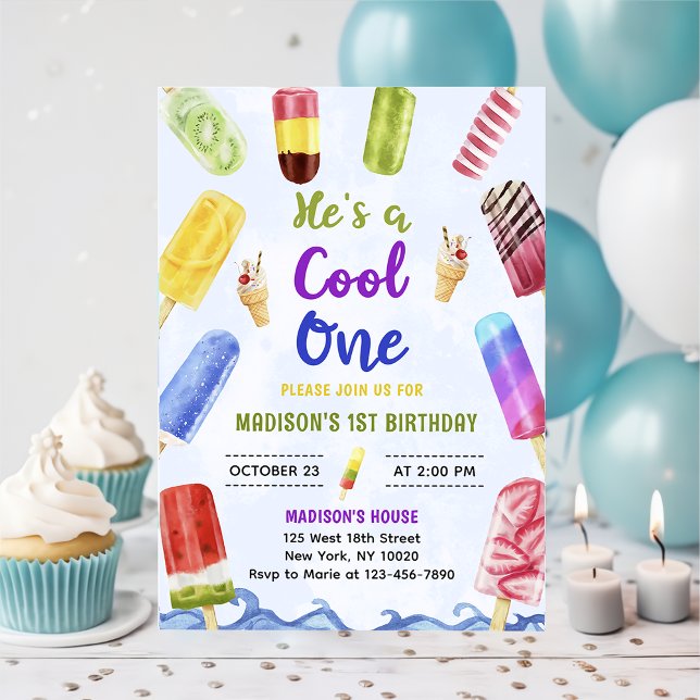 Han är Coola 1 Boy Popsicle 1:a födelsedagen Party Inbjudningar (Skapare uppladdad)