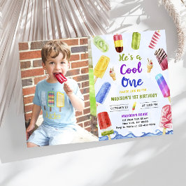 Han är Coola 1 Boy Popsicle 1:a födelsedagsfoto Inbjudningar