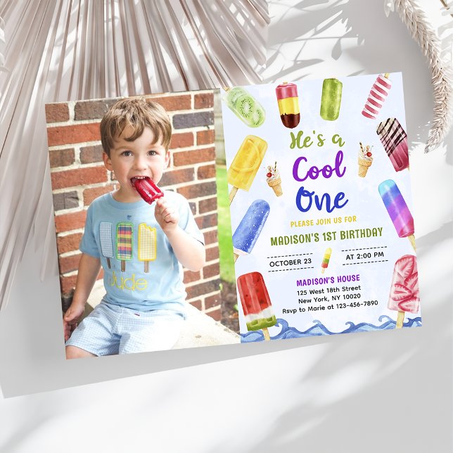 Han är Coola 1 Boy Popsicle 1:a födelsedagsfoto Inbjudningar (Skapare uppladdad)