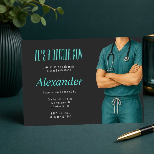 Han är doktor nu Foto-inbjudan Julkort (He’s a Doctor Now invitation, modern teal medical graduation party design)