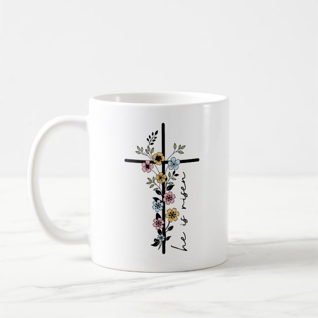 Han är Risen Blommigt Kor Glad påsk Kaffemugg (Vänster)