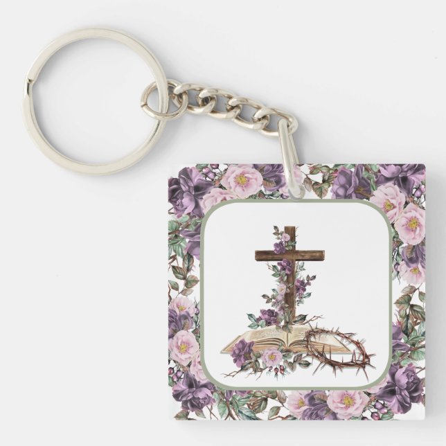 Han är Risen Blommigt Kor med Bible Keychain (Framsidan)
