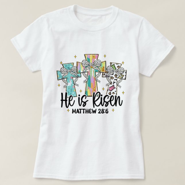 Han är Risen Christian Påsk Bible Verse T Shirt (Design framsida)
