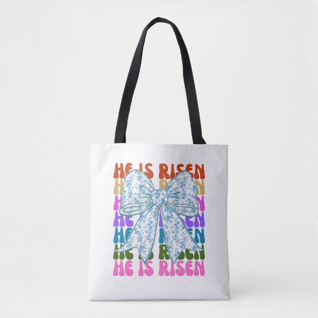 Han är Risen, Croquette Bow Blue Blommigt Tote Bag Tygkasse (Framsida)