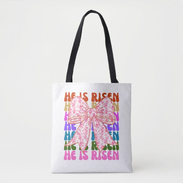 Han är Risen, Croquette Bow Rosa Blommigt Tote Bag Tygkasse (Framsida)