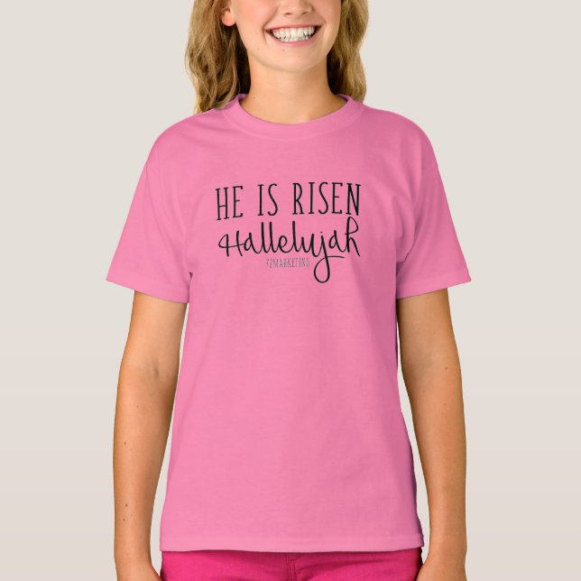 Han är Risen Girls Hallelujah Christian Top Påsk Tröja (Framsida)