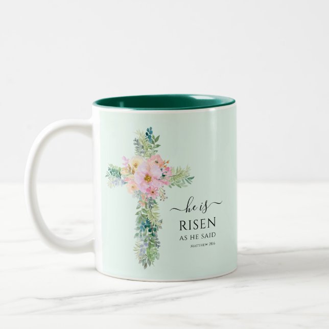 Han är Risen Grey Watercolor Kor Påsk Mugg (Vänster)