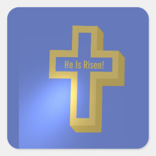 Han är Risen Guld Lit Christian Kor Blue Påsk Fyrkantigt Klistermärke