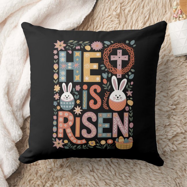 Han är Risen Jesus Blommigt Cute Påskhare Rabbit Kudde (Filt)