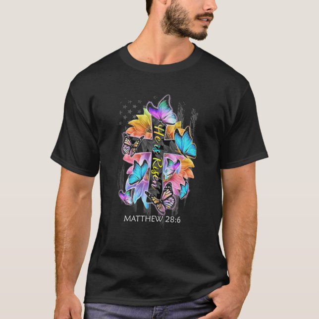 Han är Risen Jesus Christian Kor Butterfly Amerika T Shirt (Framsida)