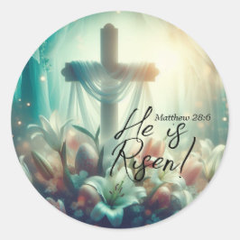 Han är Risen Kor med Påsk Lilies och Eggs Runt Klistermärke