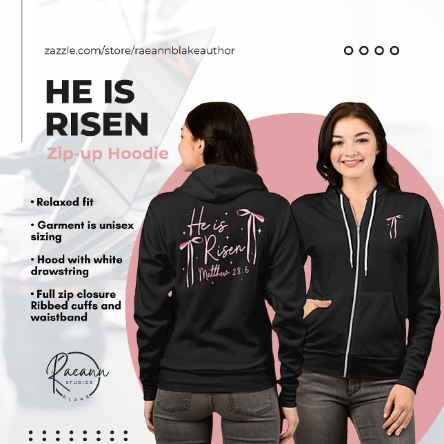 "Han är Risen" Kvinnors Bella+Canvas Fullt-Zip Hoo T Shirt (Skapare uppladdad)