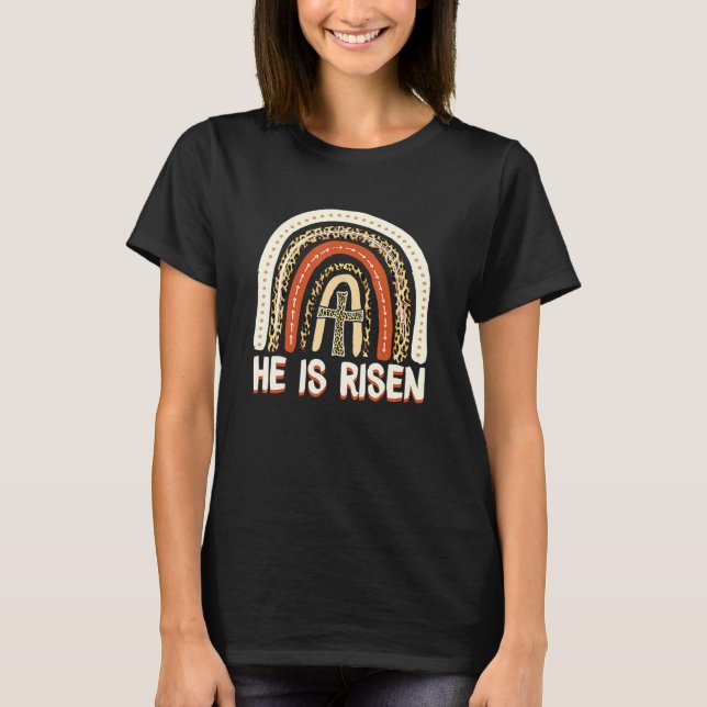 Han är Risen Leopard Rainbow Christian Jesus Cute  T Shirt (Framsida)