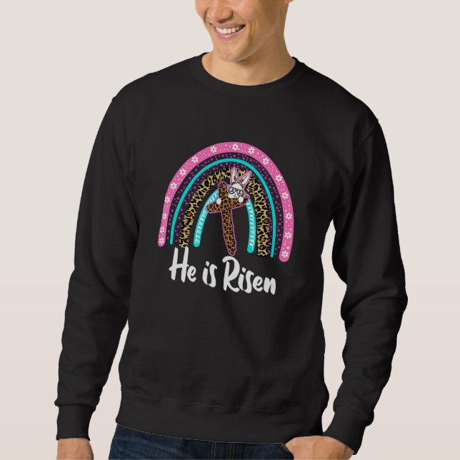 Han är Risen Leopard Rainbow Christian Jesus Lyckl Lång Ärmad Tröja (Framsida)