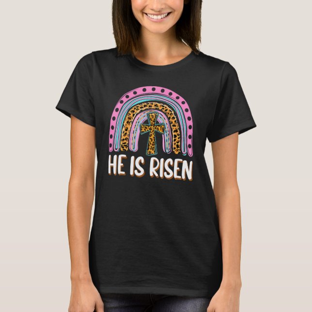 Han är Risen Leopard Rainbow Christian Jesus Lyckl T Shirt (Framsida)