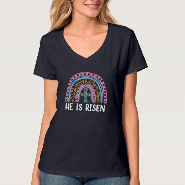 Han är Risen Leopard Rainbow Christian Jesus Lyckl T Shirt (Framsida)