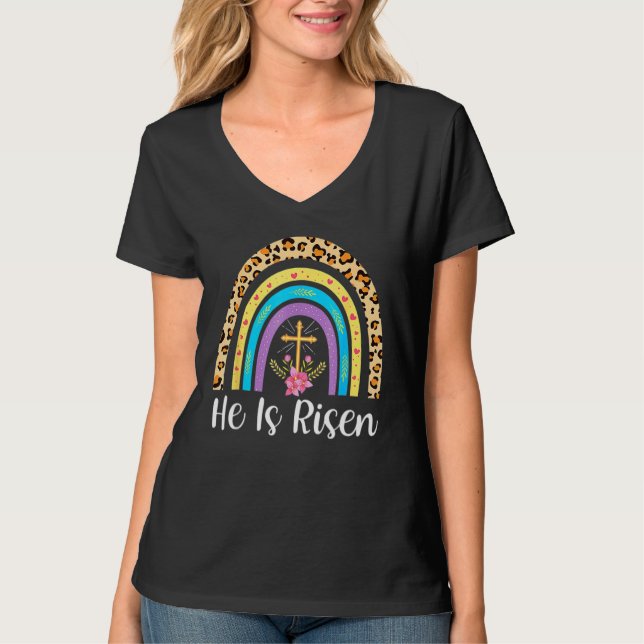 Han är Risen Leopard Rainbow Christian Jesus Lyckl T Shirt (Framsida)