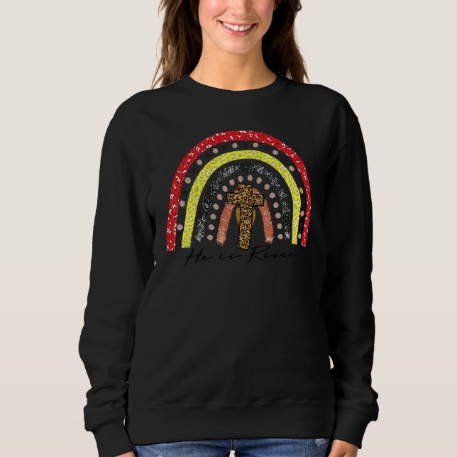 Han är Risen Leopard Rainbow Kor Jesus Lycklig Öst T Shirt (Framsida)