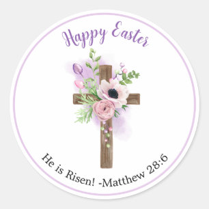 Han är Risen - Lila Blommigt Kor Påsk Stickers Runt Klistermärke