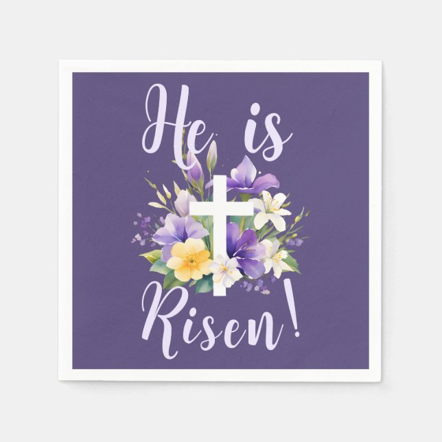 "Han är Risen!" Lila Blommigt Religiösa Påsk Pappersservett (Framsidan)