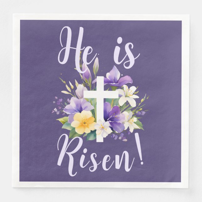 "Han är Risen!" Lila Blommigt Religiösa Påsk Pappersservett (Framsida)