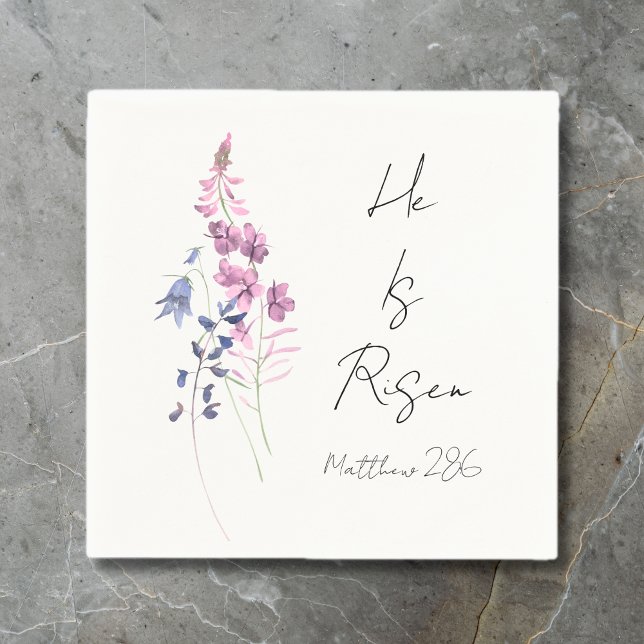 Han är Risen Lila Blommigt Script Religiösa Påsk Pappersservett (He is Risen Purple Floral Script Religious Easter Napkins)